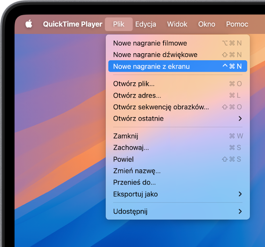 W aplikacji QuickTime Player, menu Plik jest otwarte oraz wybrane jest polecenie Nowe nagranie z ekranu w celu nagrania treści z ekranu.