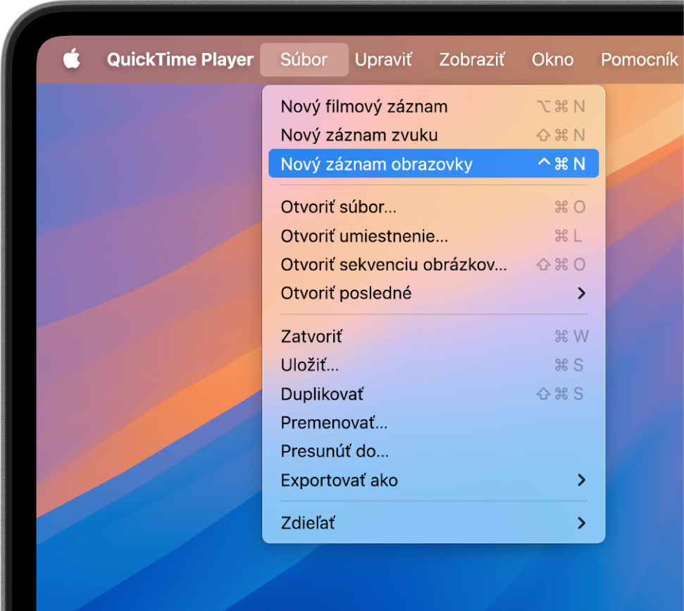 V apke QuickTime Player je otvorené menu Súbor s vybratým príkazom Nový záznam obrazovky, ktorý spustí nahrávanie obrazovky.