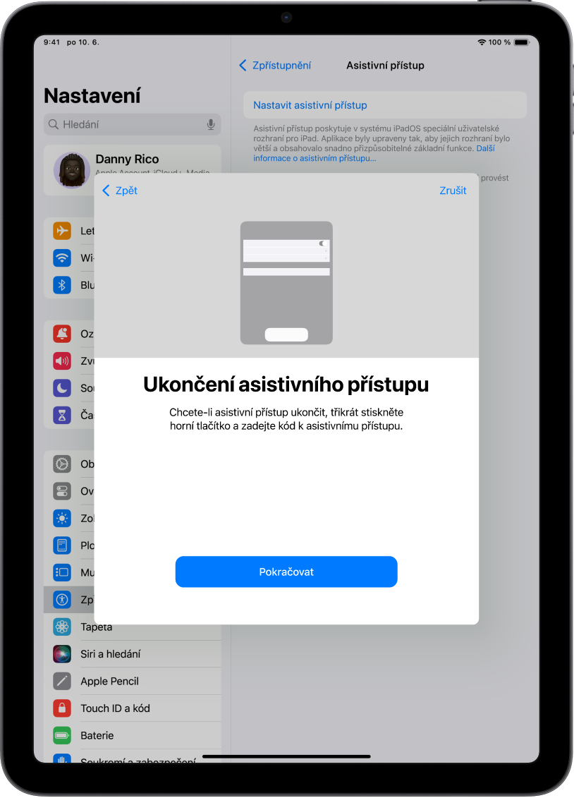 Na displeji iPadu jsou zobrazené informace o ukončení asistivního přístupu.