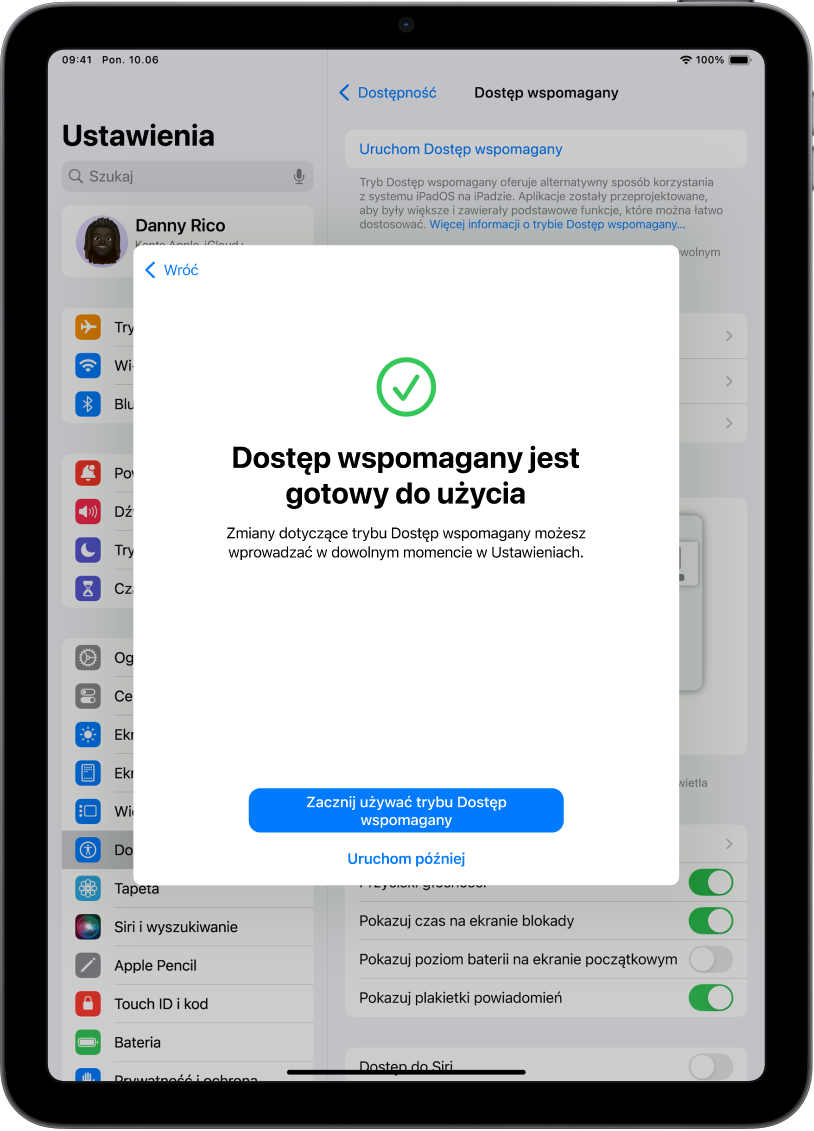 iPad wyświetlający informację o gotowości do użycia trybu Dostęp wspomagany, z przyciskiem u dołu umożliwiającym przejście do trybu Dostęp wspomagany.