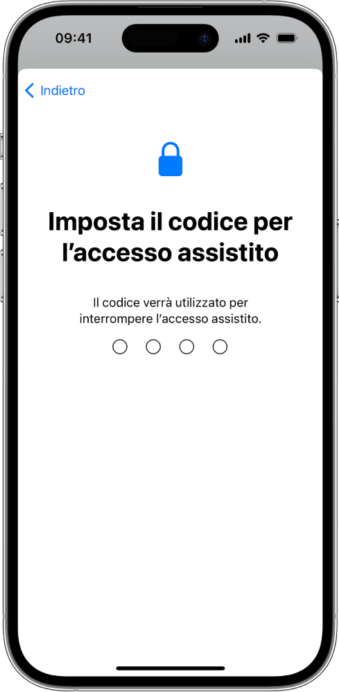 Un iPhone che mostra la schermata di configurazione del codice di “Accesso assistito” che viene usato per avviare e interrompere la funzionalità.