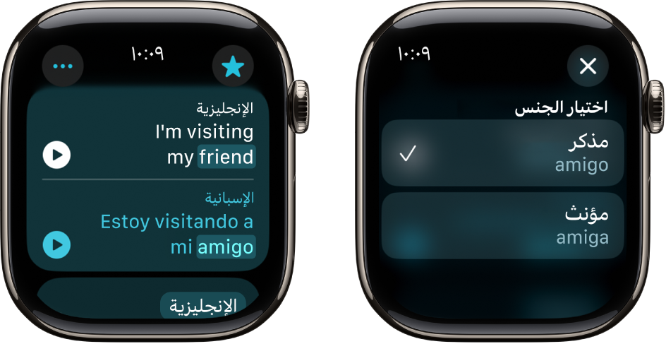 شاشتان في تطبيق الترجمة، الأولى تعرض عبارة باللغة الإنجليزية في الأعلى ومترجمة إلى اللغة الإسبانية في الأسفل. في الشاشة الثانية، يتم تمييز الكلمة مع الاختلافات النحوية بين الجنسين.