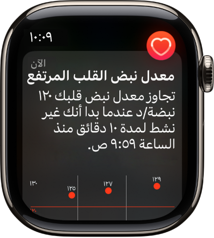 شاشة تنبيه معدل نبض القلب، وتشير إلى اكتشاف معدل نبض قلب مرتفع.