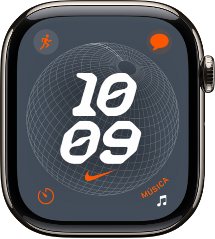 La carátula Globo de Nike mostrando un reloj digital en medio con cuatro complicaciones: Entrenamiento en la esquina superior izquierda, Mensajes en la esquina superior derecha, Temporizador en la esquina inferior izquierda y Música en la esquina inferior derecha.