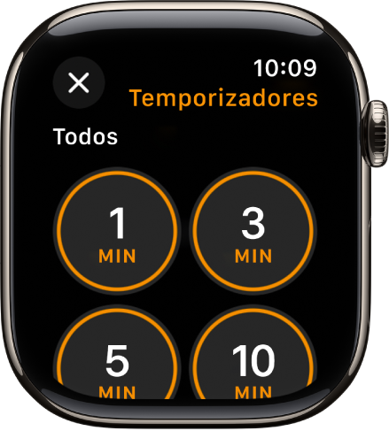 La pantalla de la app Temporizador mostrando el botón Agregar para crear un nuevo temporizador y temporizador rápidos de 1, 3,5 o 10 minutos.