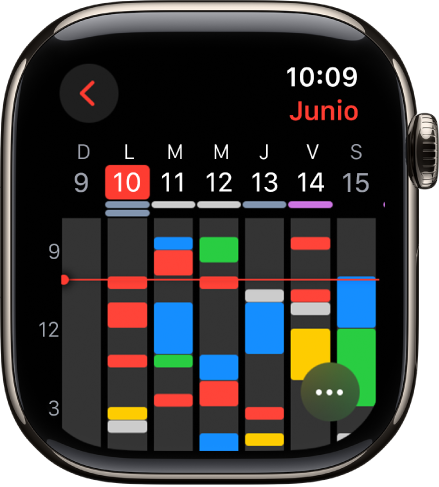 La app Calendario mostrando eventos de la semana. Cada evento tiene un indicador de color que coincide con el calendario al que pertenece. El nombre del mes está en la esquina superior derecha; los días y las fechas están a lo largo de la parte superior. Todos los eventos del día están marcados con una barra debajo de la fecha de cada día. Hay una línea a lo largo de la semana que indica la hora actual. El botón Más está en la esquina inferior derecha.