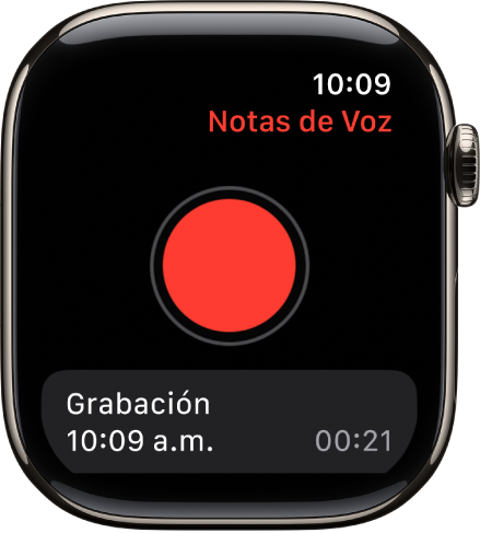 El Apple Watch mostrando la pantalla de Notas de Voz. Hay un botón rojo de grabación en la esquina superior. Debajo aparece una nota de voz que muestra la hora a la que se grabó y la duración.