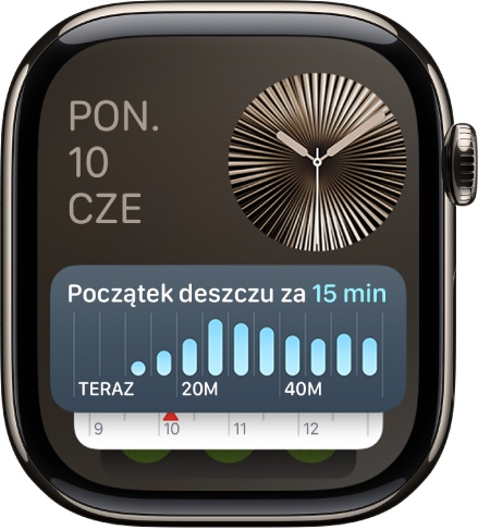 Stos inteligentny na Apple Watch, zawierający na wierzchu widżet Minutnik, a pod nim dwa inne widżety.
