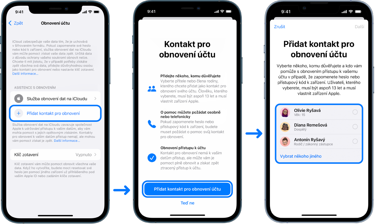 Tři displeje iPhonu ukazující, jak přidat kontakty pro obnovení účtu