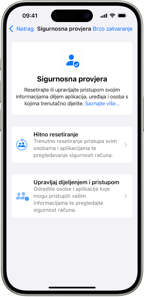 iPhone s prikazom zaslona Sigurnosne provjere