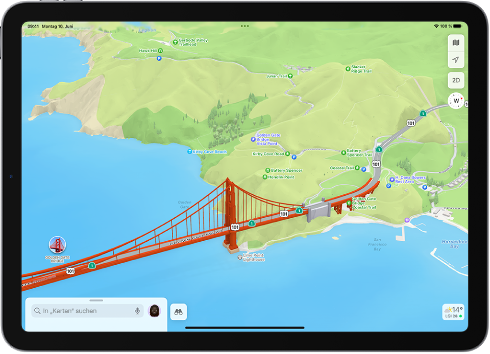 Eine 3D-Karte in der App „Karten“ mit einer Brücke und einem Park.