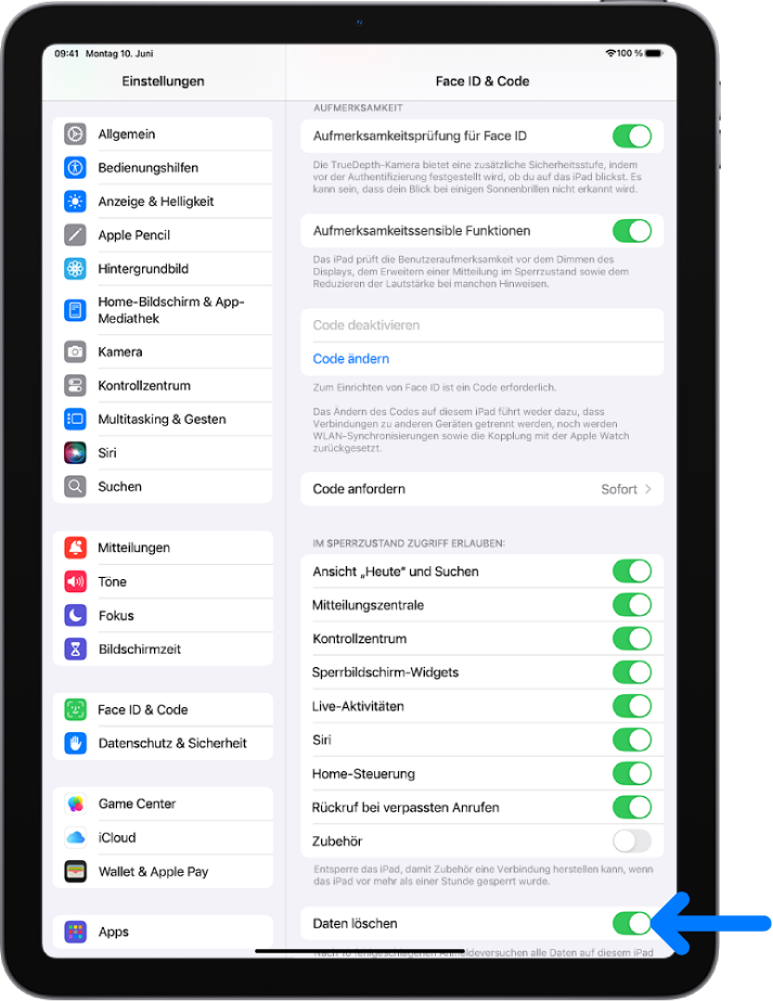 Die Option „Daten löschen“ im unteren Bereich des Bildschirms „Face ID & Code“ in der App „Einstellungen“.