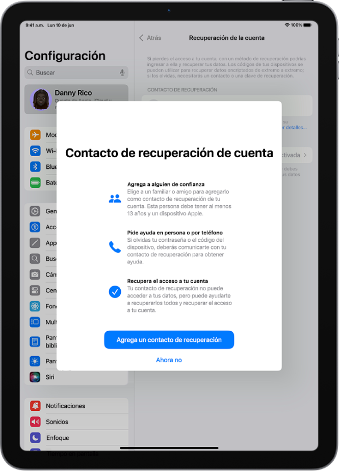 La pantalla Contacto de recuperación de cuenta, con información sobre la función. El botón Agregar contacto de recuperación se encuentra en la parte inferior.