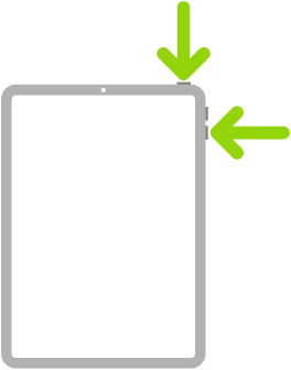 Ilustración de un iPad con flechas que apuntan al botón superior y a un botón de volumen en la parte superior derecha.