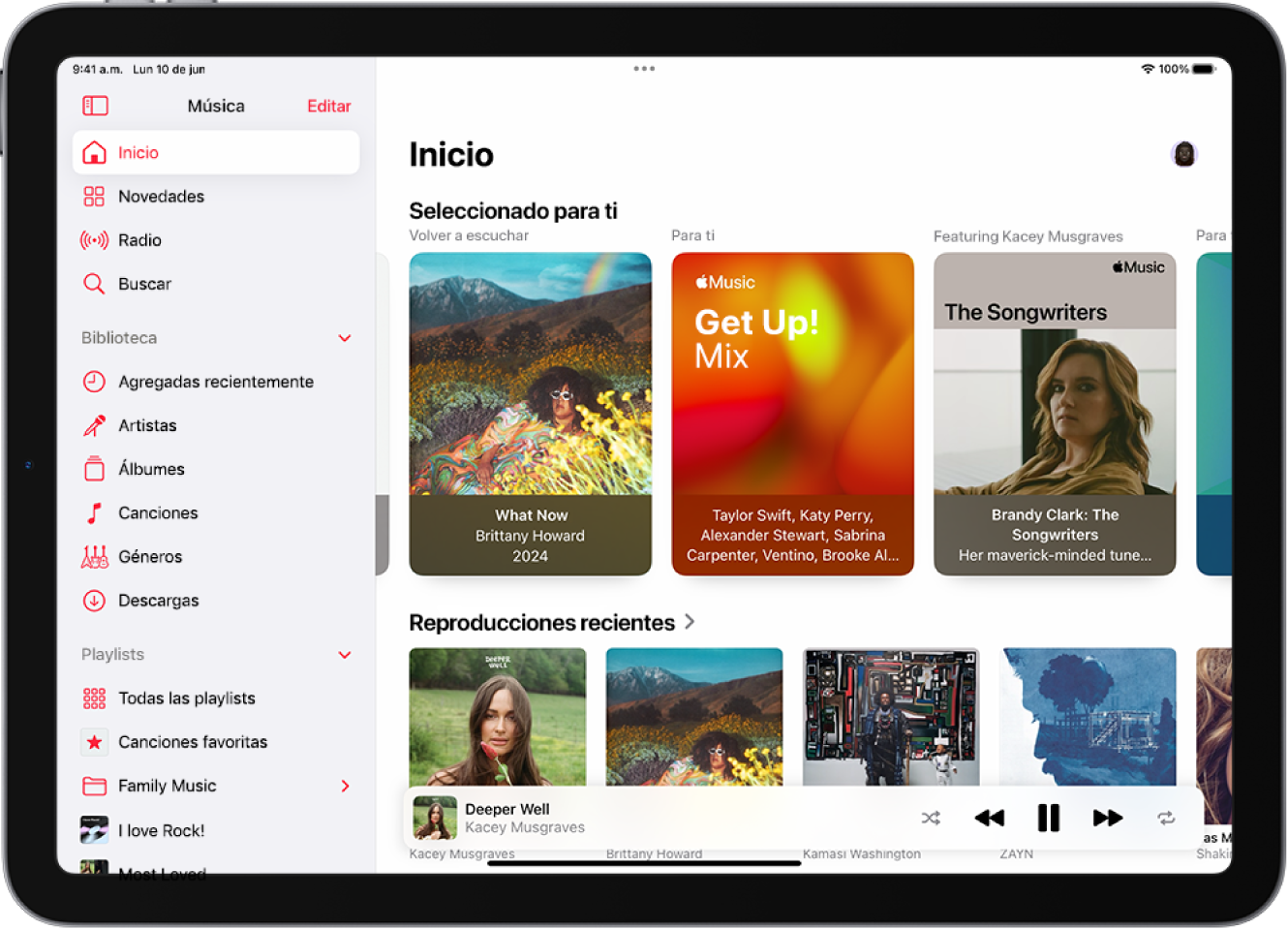 La pantalla de inicio de la app Música con la barra lateral a la izquierda y la sección Inicio a la derecha. La pantalla Inicio mostrando lo más popular en la parte superior. La música reproducida recientemente aparece debajo, con las portadas de cuatro álbumes. El mini reproductor se muestra abajo.