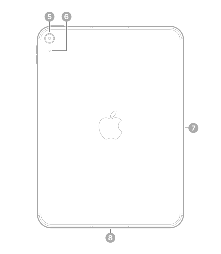 Vista posterior del iPad (A16) con textos que indican la ubicación de la cámara trasera y el micrófono en la parte superior izquierda, el Smart Connector en la parte derecha y el conector USB-C en la parte inferior central.