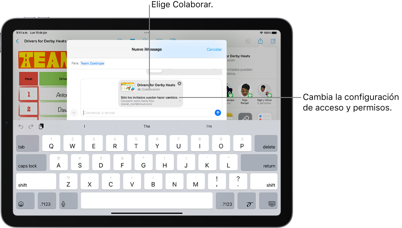Una invitación a colaborar en un dibujo en Notas, mostrando que la colaboración está activa con la configuración de acceso y permiso Sólo tus invitados pueden hacer cambios. Cuatro posibles destinatarios, incluyendo un grupo, forman una fila debajo. La fila del área inferior ofrece diferentes formas de compartir la nota: AirDrop, Mensajes, Mail y Freeform.