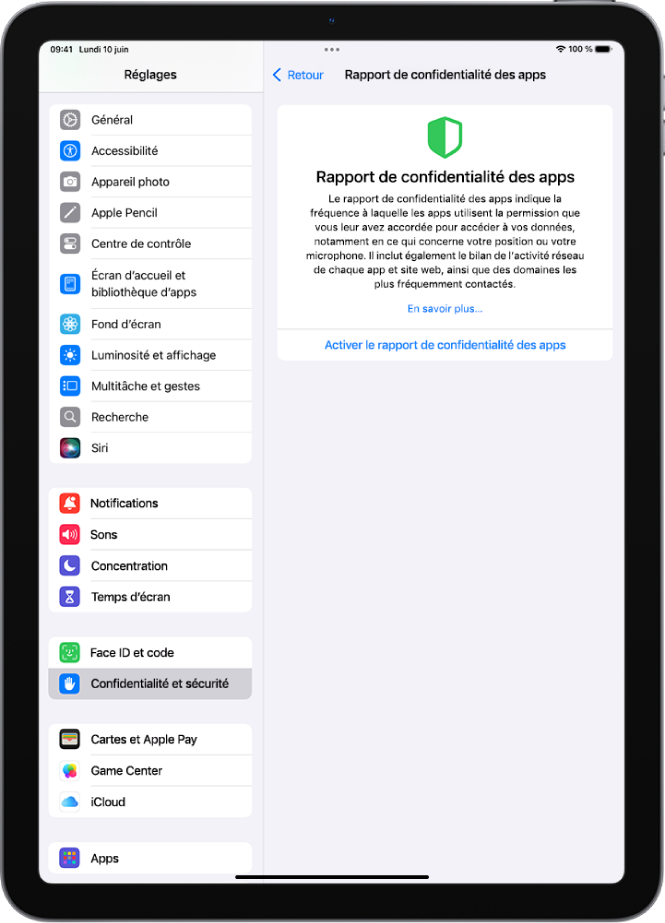 L’écran « Rapport de confidentialité des apps » sur lequel l’utilisateur peut activer un rapport indiquant la fréquence à laquelle les apps utilisent les autorisations qui leur ont été accordées, ainsi que leur activité réseau.