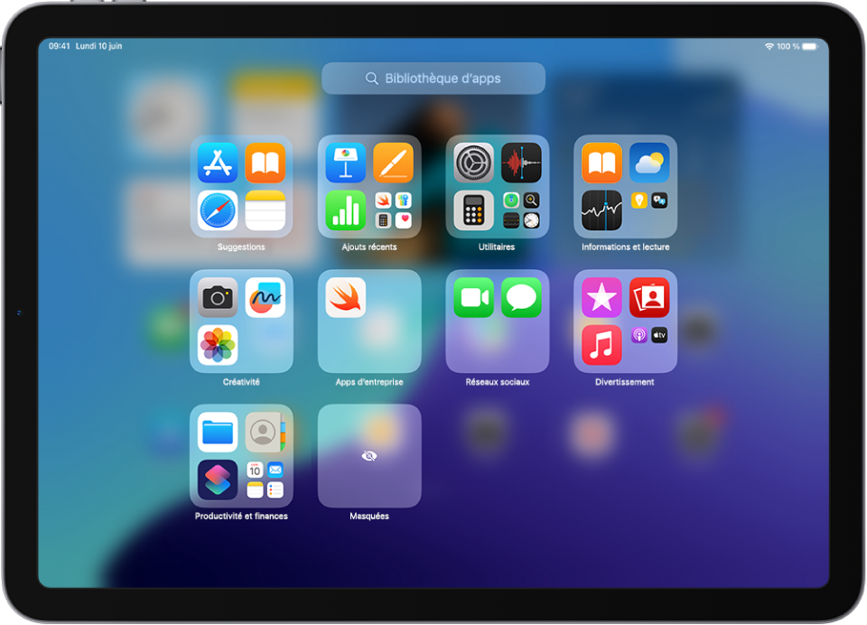 La bibliothèque d’apps sur l’iPad montrant les apps organisées par catégorie (Divertissement, « Productivité et finances », etc.).