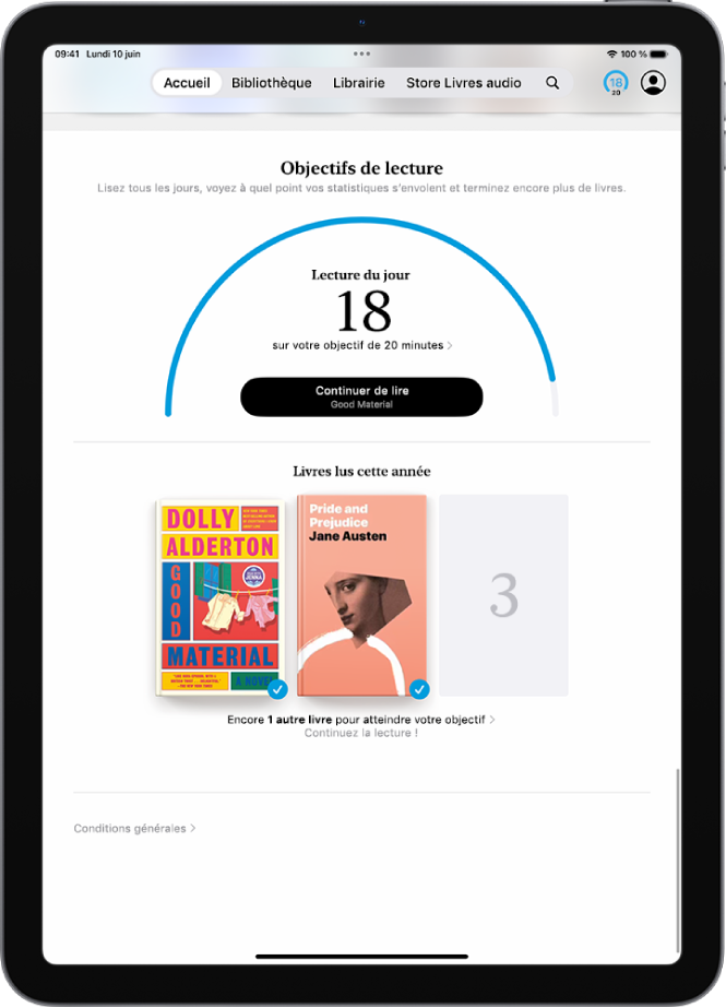 L’écran « Objectifs de lecture » affiche les statistiques de l’utilisateur, telles que la lecture du jour, son historique de lecture pour la semaine et les livres lus cette année.