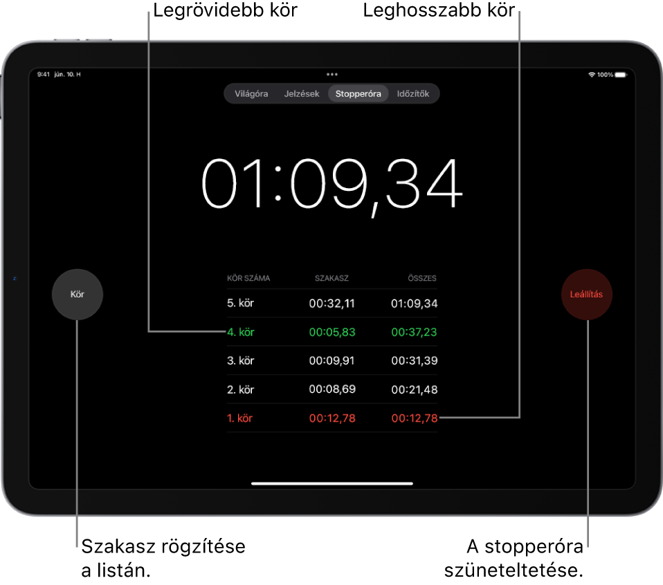 Az Óra appban egy stopperóra megjeleníti, hogy mennyi ideig tartott egy esemény, alatta pedig az eseményen belüli körök láthatók.
