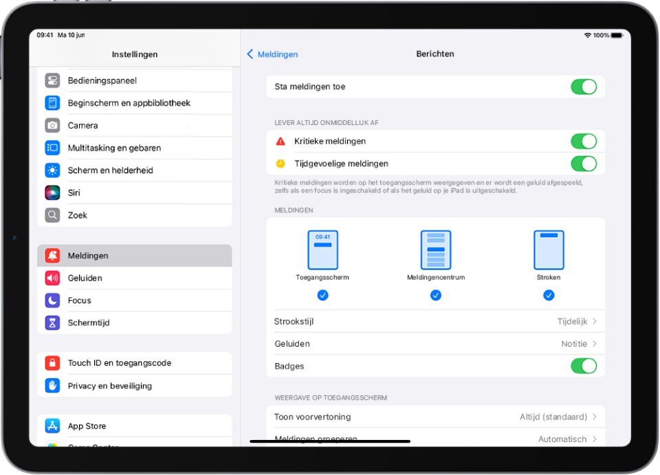 Een iPad met Berichten-instellingen voor meldingen.