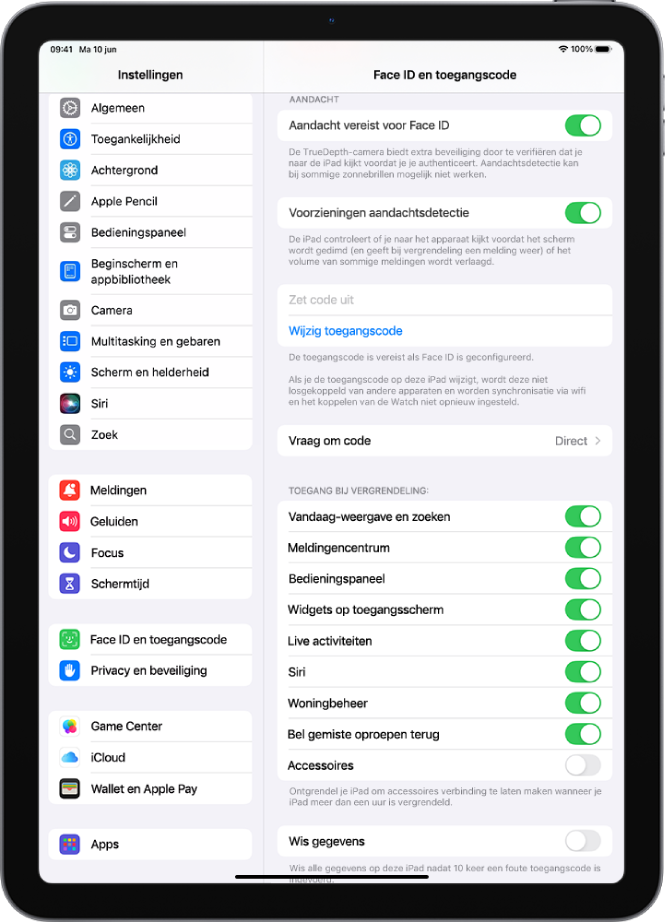 De instellingen voor 'Face ID en toegangscode', met opties voor toegang tot specifieke functies wanneer de iPad is vergrendeld.
