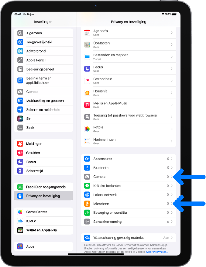 Het scherm van 'Privacy en beveiliging', met instellingen waarmee je bepaalt of apps toegang hebben tot de camera, microfoon en andere onderdelen van je iPad.