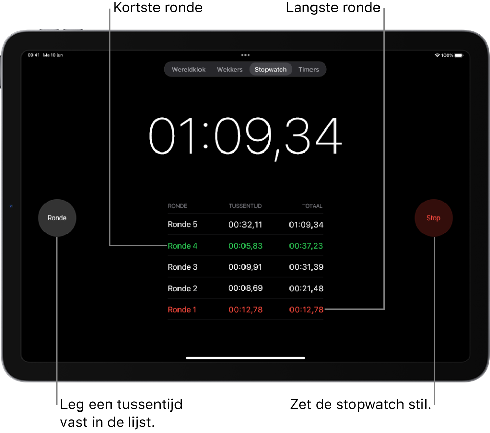 Op een stopwatch in de Klok-app is te zien hoeveel tijd in een gebeurtenis is verstreken en daaronder staan verschillende ronden binnen die gebeurtenis.