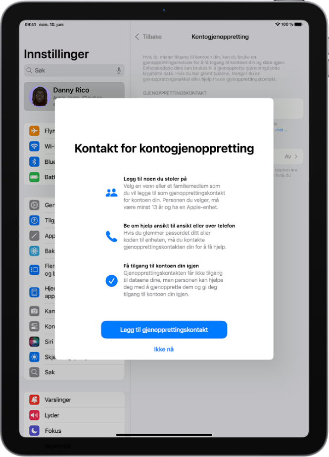 Kontakt for kontogjenoppretting-skjermen med informasjon om funksjonen. Legg til gjenopprettingskontakt-knappen er nederst