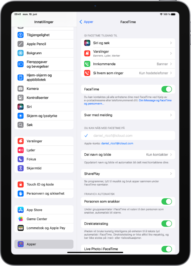 Skjerm med FaceTime-innstillinger, som viser kontrollen for å slå FaceTime av eller på samt Apple-kontoen som brukes for FaceTime.