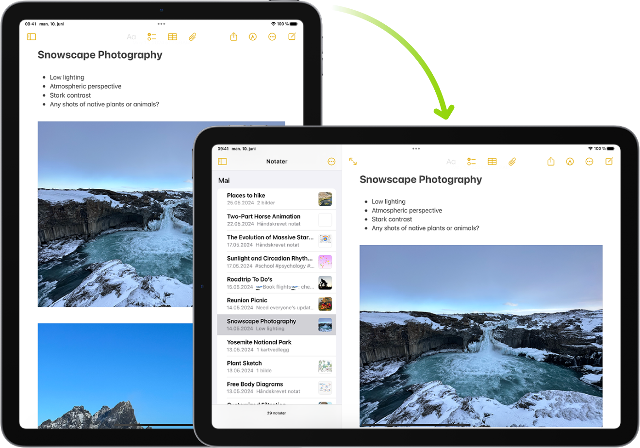 I bakgrunnen er en iPad som viser en Notater-skjerm i stående retning, og i forgrunnen er iPaden snudd og viser Notater-skjermen i liggende retning.