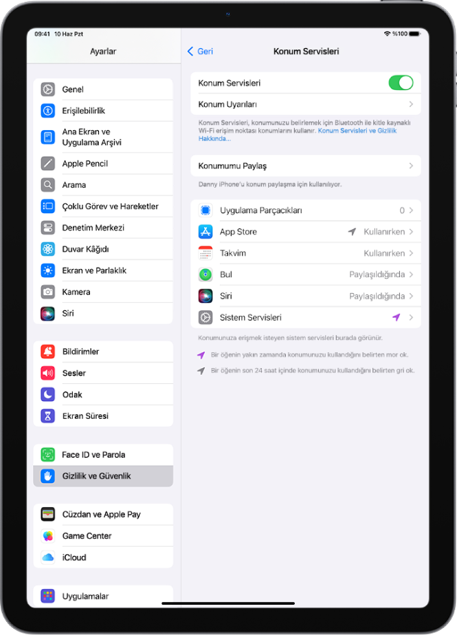iPad’inizin konumunu uygulamalarla paylaşma ayarları ile Konum Servisleri ekranı.