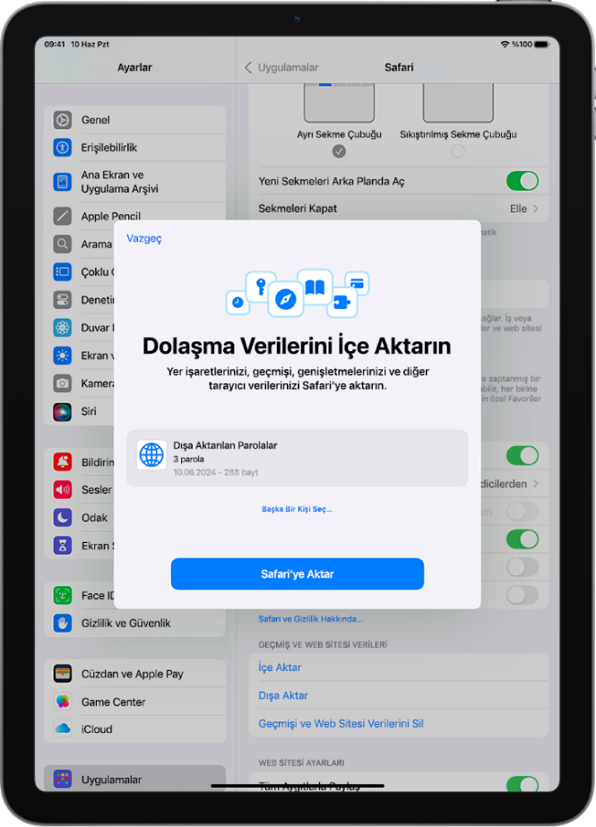Dolaşma Verilerini İçe Aktarın ekranında içe aktarılacak, başka bir parola yöneticisine ait parolaların CSV dosyası gösteriliyor.