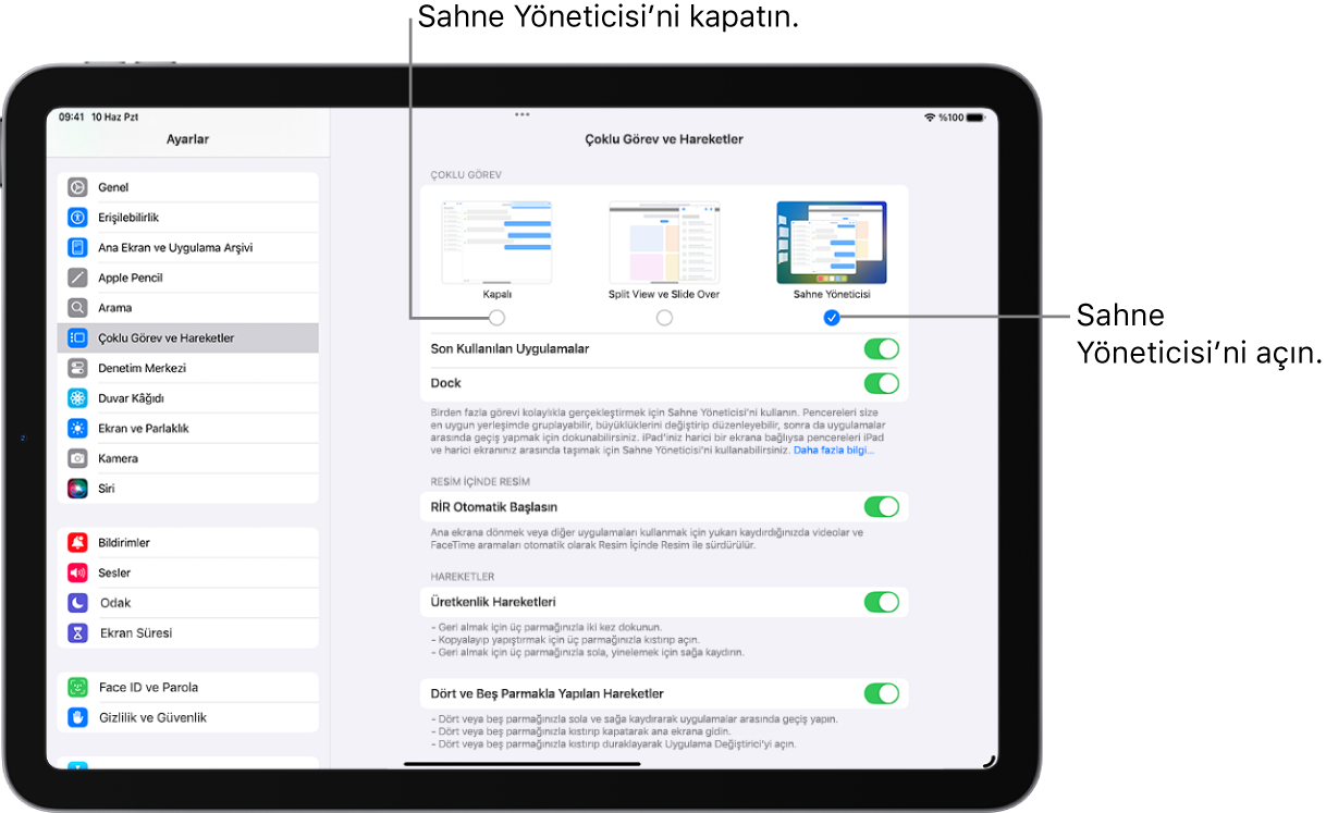 Sahne Yöneticisi’ni açmaya veya kapatmaya yönelik Ayarlar ekranı.