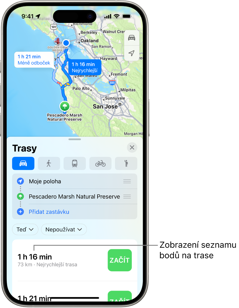 Karta s několika možnostmi tras.