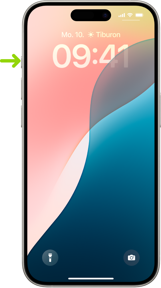Ein Bildschirm, der anzeigt, dass sich die Aktionstaste am linken Rand des iPhone 15 Pro befindet. Du kannst die Funktion der Taste unter „Einstellungen“ > „Aktionstaste“ anpassen.