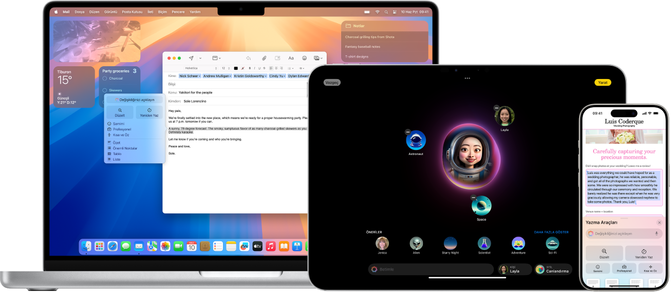 Mac, iPad ve iPhone üzerinde görüntülenen Apple Intelligence özellikleri.