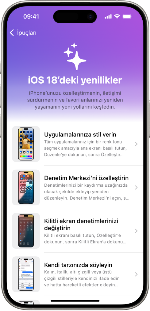İpuçları koleksiyonunu gösteren bir ekran. Oklar, içindeki ipuçlarını görüntülemek için koleksiyona dokunabileceğinizi belirtiyor.