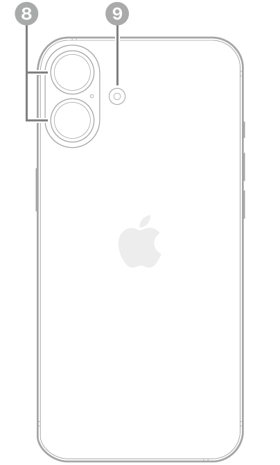 iPhone 16 Plus 后视图。后置相机和闪光灯位于左上方。