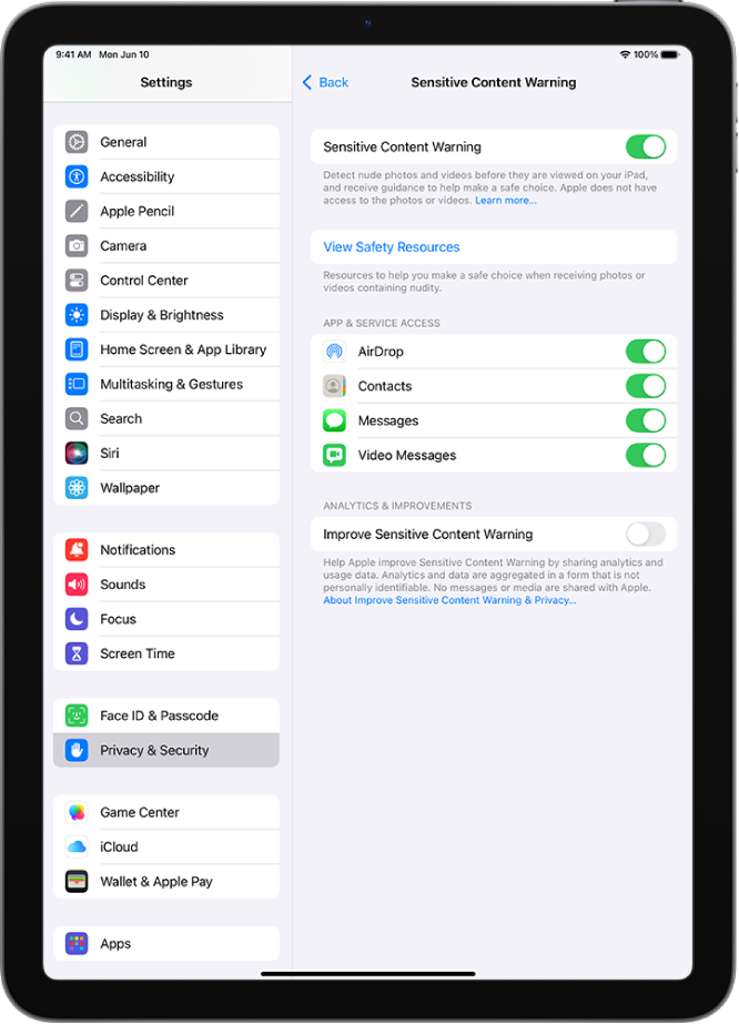 The settings for Sensitive Content Warning, with a button labeled View Safety Resources and a button labeled Improve Sensitive Content Warning for sharing analytics and usage data with Apple.
